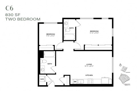 Floor plan for 2 beds, 2 baths, 830 sqft